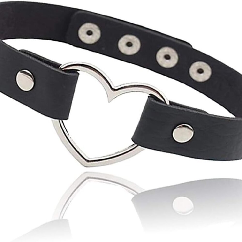 Love Heart Adjustable Leather Choker Punk PU Necklace Goth Choker Soft Collar Ch